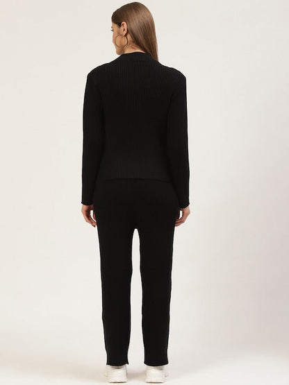 Women Black Vertical Rib High Neck Co-Ord Set
