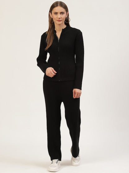 Women Black Vertical Rib High Neck Co-Ord Set