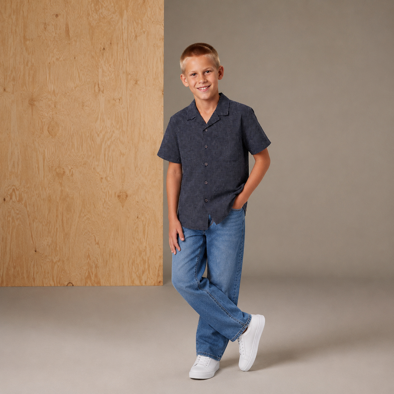 Marineblau- & Beige Gestreiftes Verspielt-Klassisches Sommerhemd für Jungen
