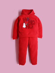 Cherry Crumble Red Solid 100% Polyester Full Sleeves Hooded Casual Wear Easy Fit Applique/Embroidered Winter Sweatshirt Set For Boys & Girls