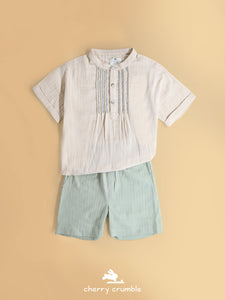 Cherry Crumble Boys Cream & Green Regular Length Self Texture Top & Bottom Set