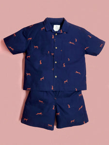 Cherry Crumble Navy Blue Printed 100% Cotton Half Sleeves Collar Neck Casual Wear Easy Fit Summer Top & Bottom Set For Boys