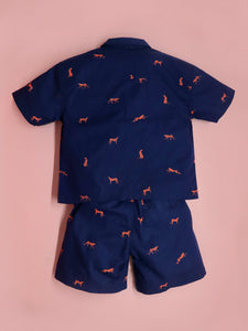 Cherry Crumble Navy Blue Printed 100% Cotton Half Sleeves Collar Neck Casual Wear Easy Fit Summer Top & Bottom Set For Boys