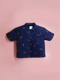 Cherry Crumble Navy Blue Printed 100% Cotton Half Sleeves Collar Neck Casual Wear Easy Fit Summer Top & Bottom Set For Boys