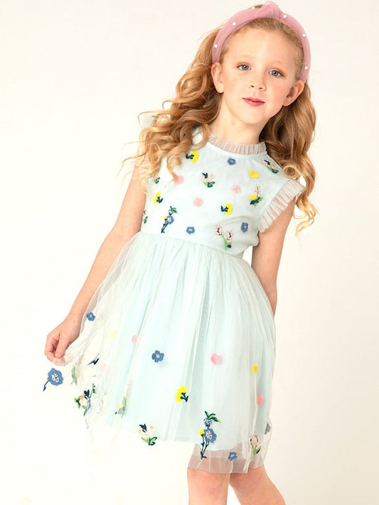 Cherry Crumble Sky Blue Floral Embroidered Trendy Dress