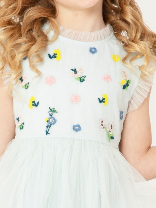 Cherry Crumble Sky Blue Floral Embroidered Trendy Dress
