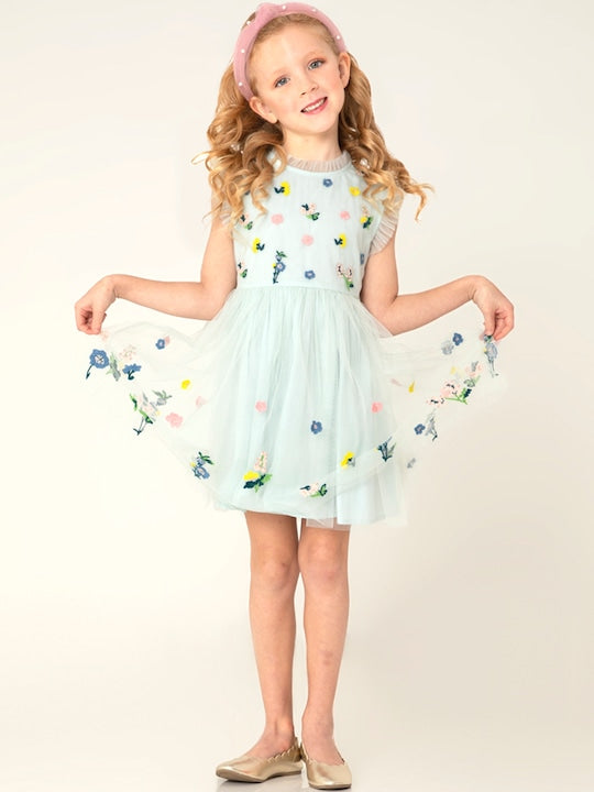 Cherry Crumble Sky Blue Floral Embroidered Trendy Dress