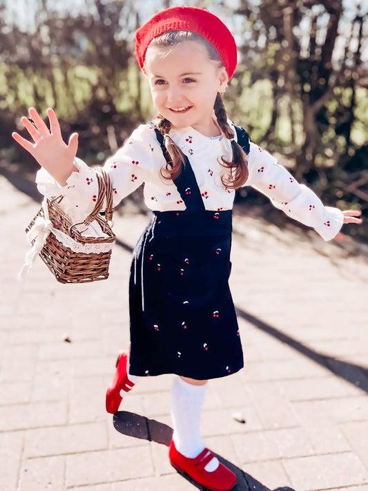 Cherry Crumble Navy Blue Embroidered Cute Elegant Winter Dress