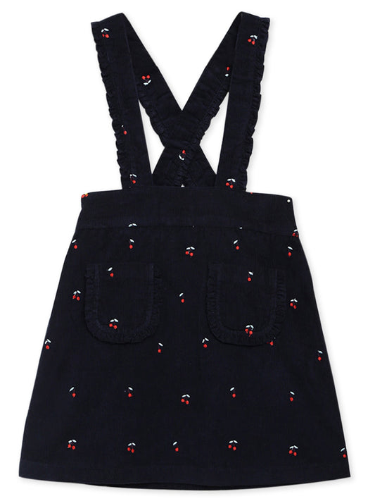 Cherry Crumble Navy Blue Embroidered Cute Elegant Winter Dress