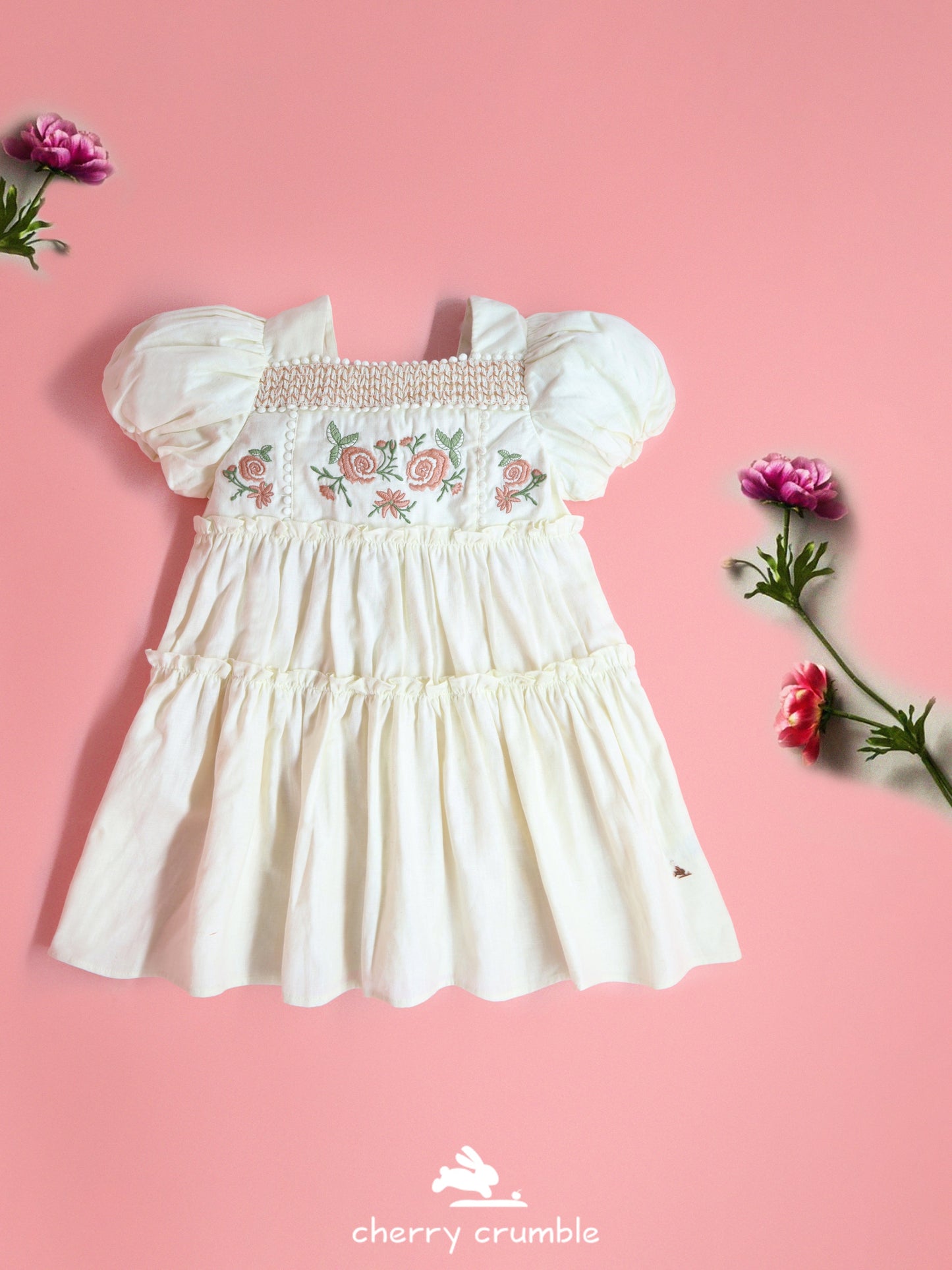 Cherry Crumble White Solid Embroidered Cozy Classic Dress