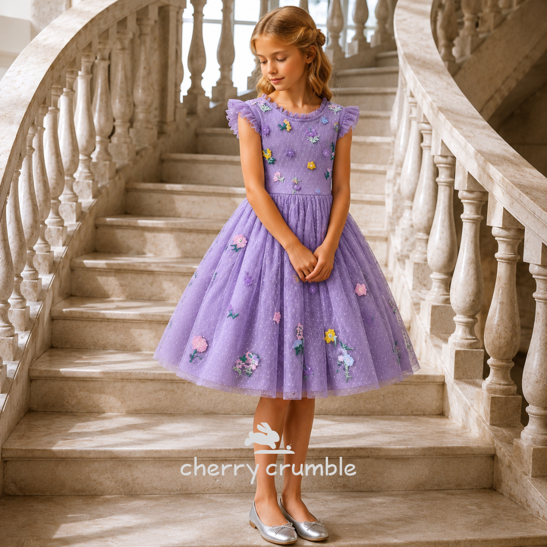 Girls Lavender Floral Embroidered Tulle Party Dress
