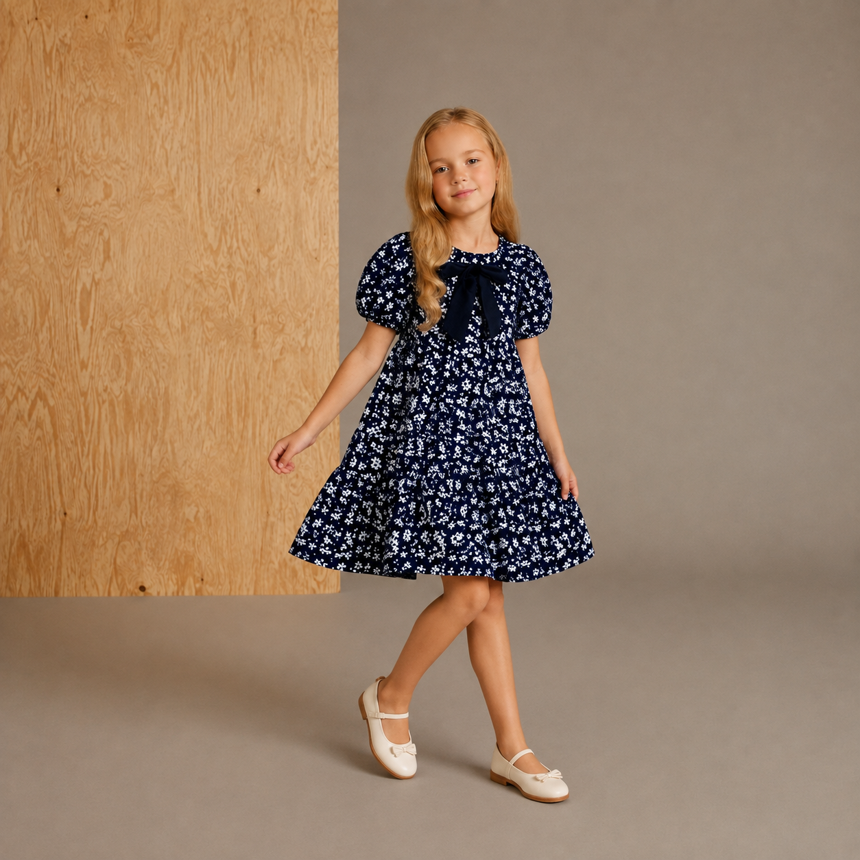 Robe Marine à Nœud en Velours Motif Floral