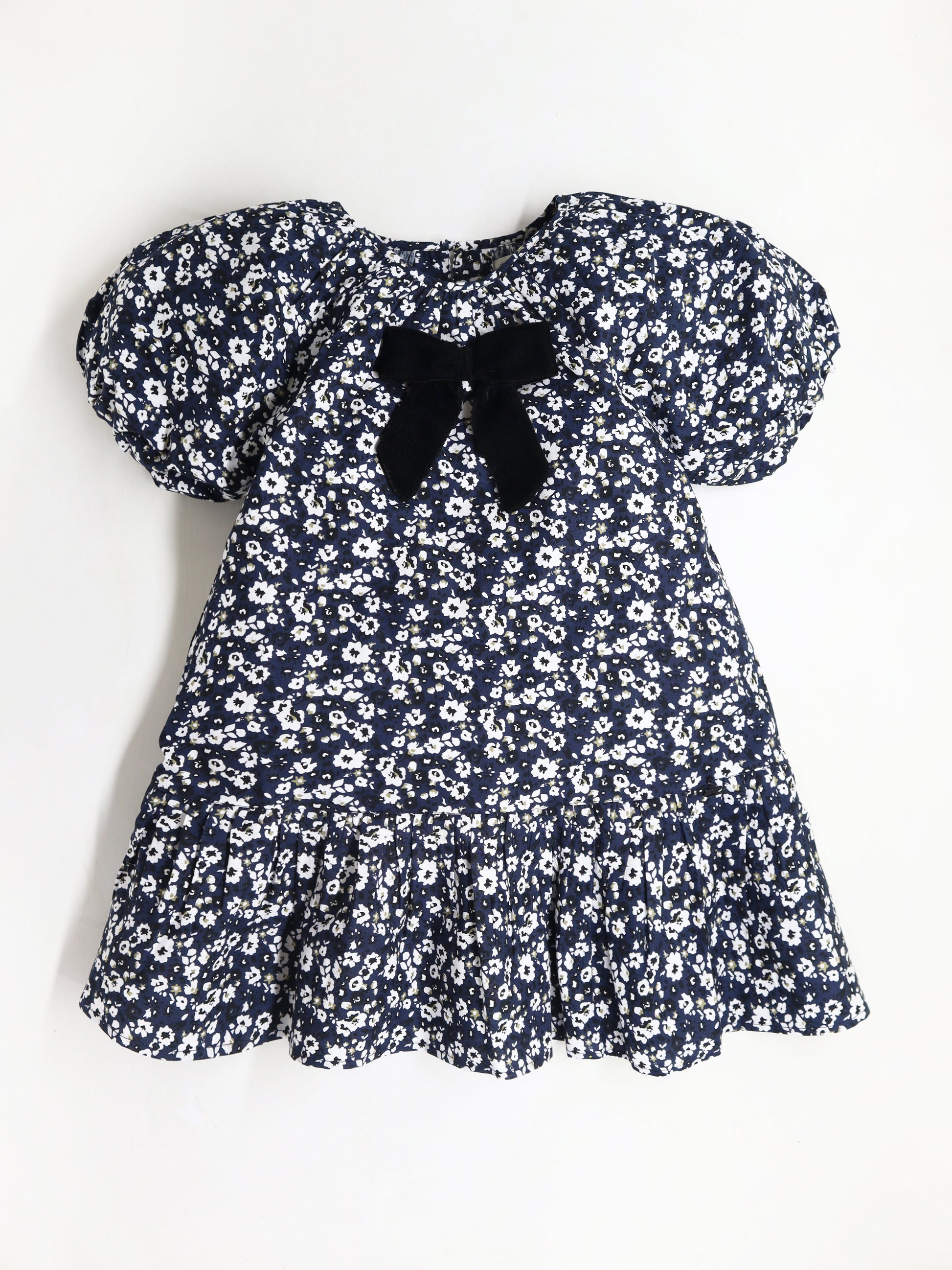 Cherry Crumble Velvet Bow Navy Bloom Dress