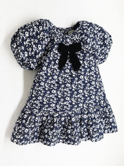 Cherry Crumble Velvet Bow Navy Bloom Dress