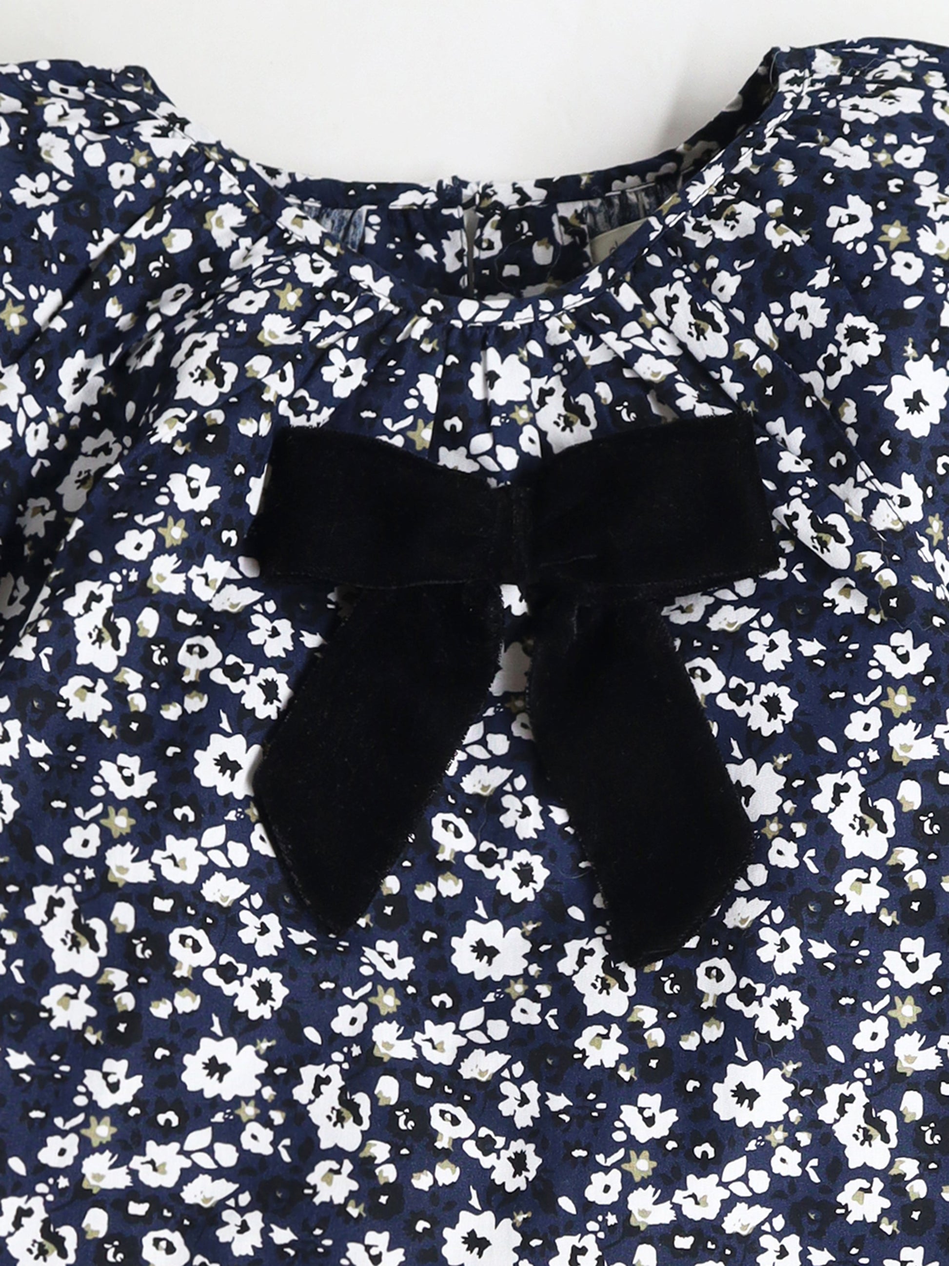Cherry Crumble Velvet Bow Navy Bloom Dress