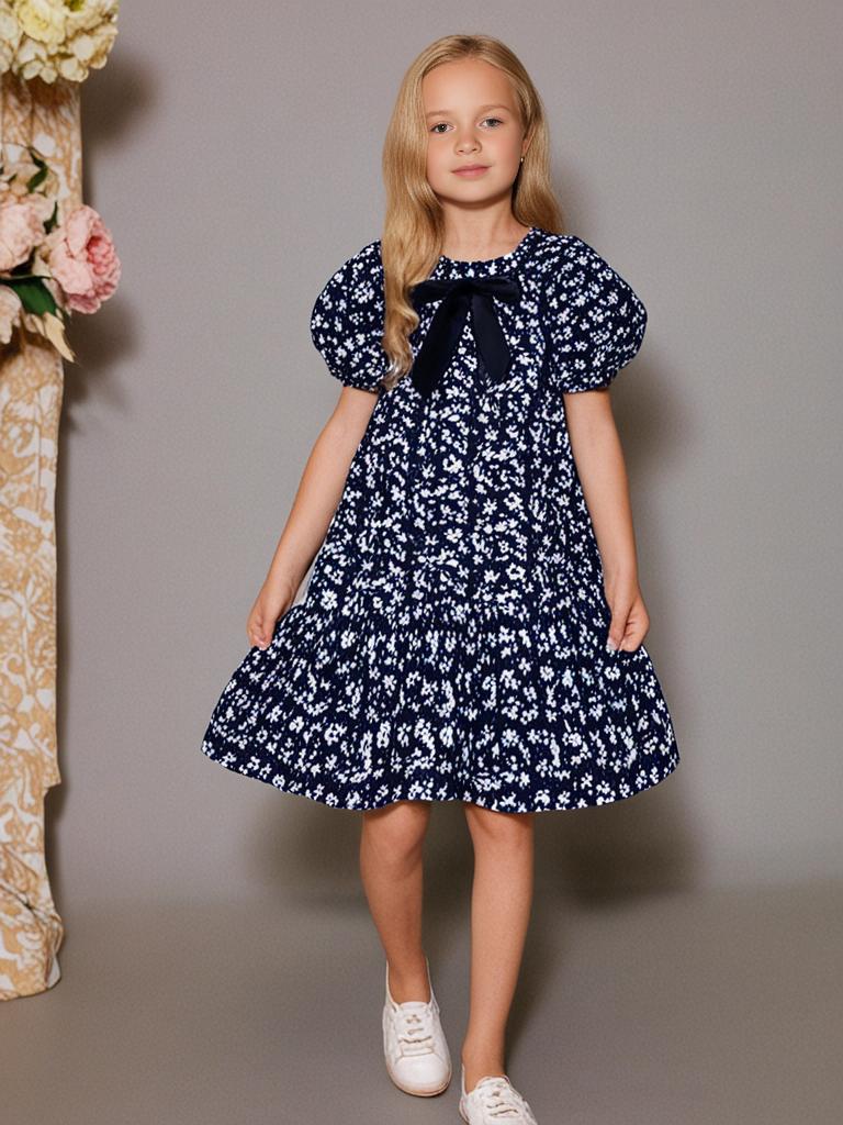 Cherry Crumble Velvet Bow Navy Bloom Dress