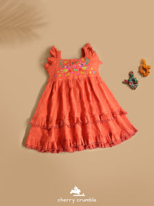 Cherry Crumble Girls Orange Regular Length Sleeveless Embroidered Solid Dress