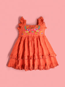 Cherry Crumble Girls Orange Regular Length Sleeveless Embroidered Solid Dress