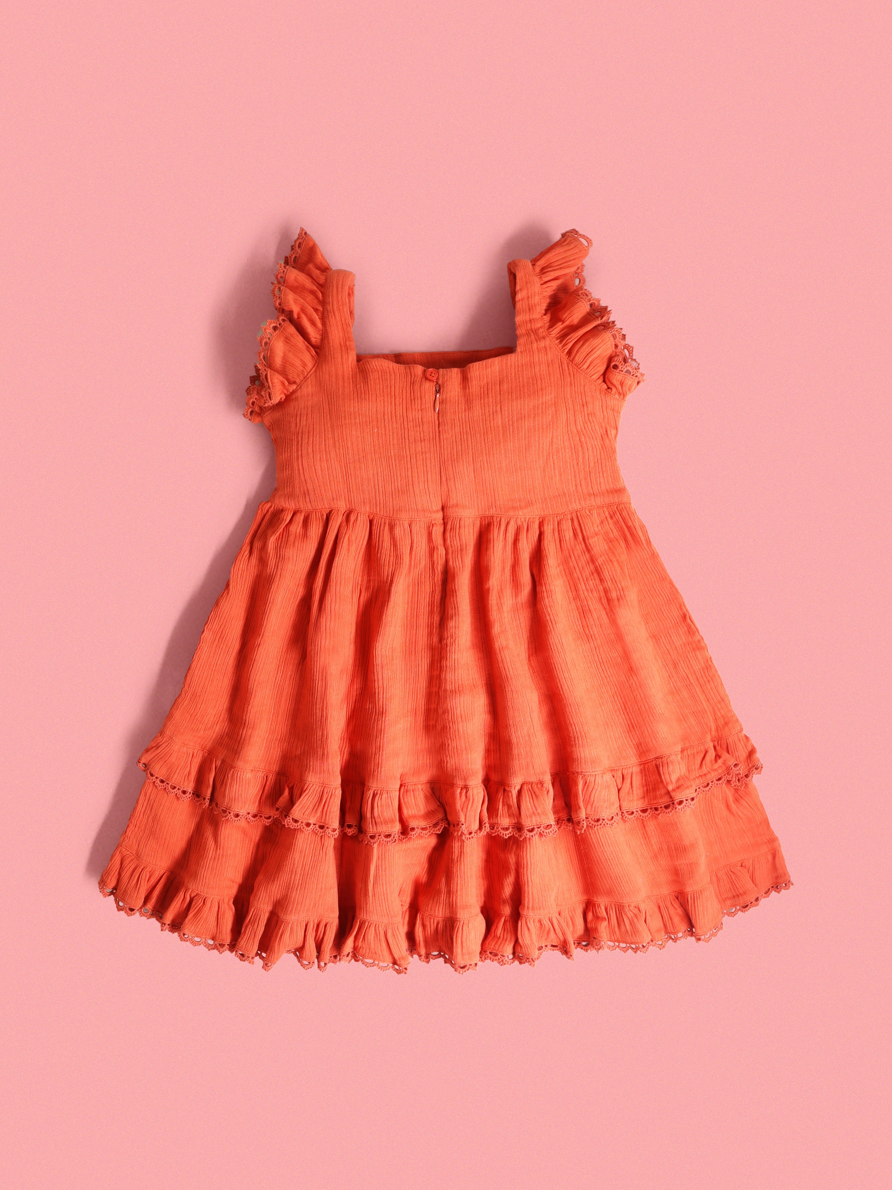 Cherry Crumble Orange Solid Embroidered Cozy Stylish Dress