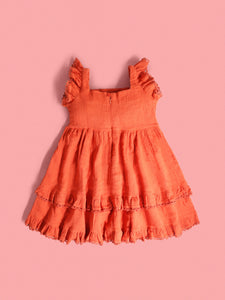 Cherry Crumble Girls Orange Regular Length Sleeveless Embroidered Solid Dress