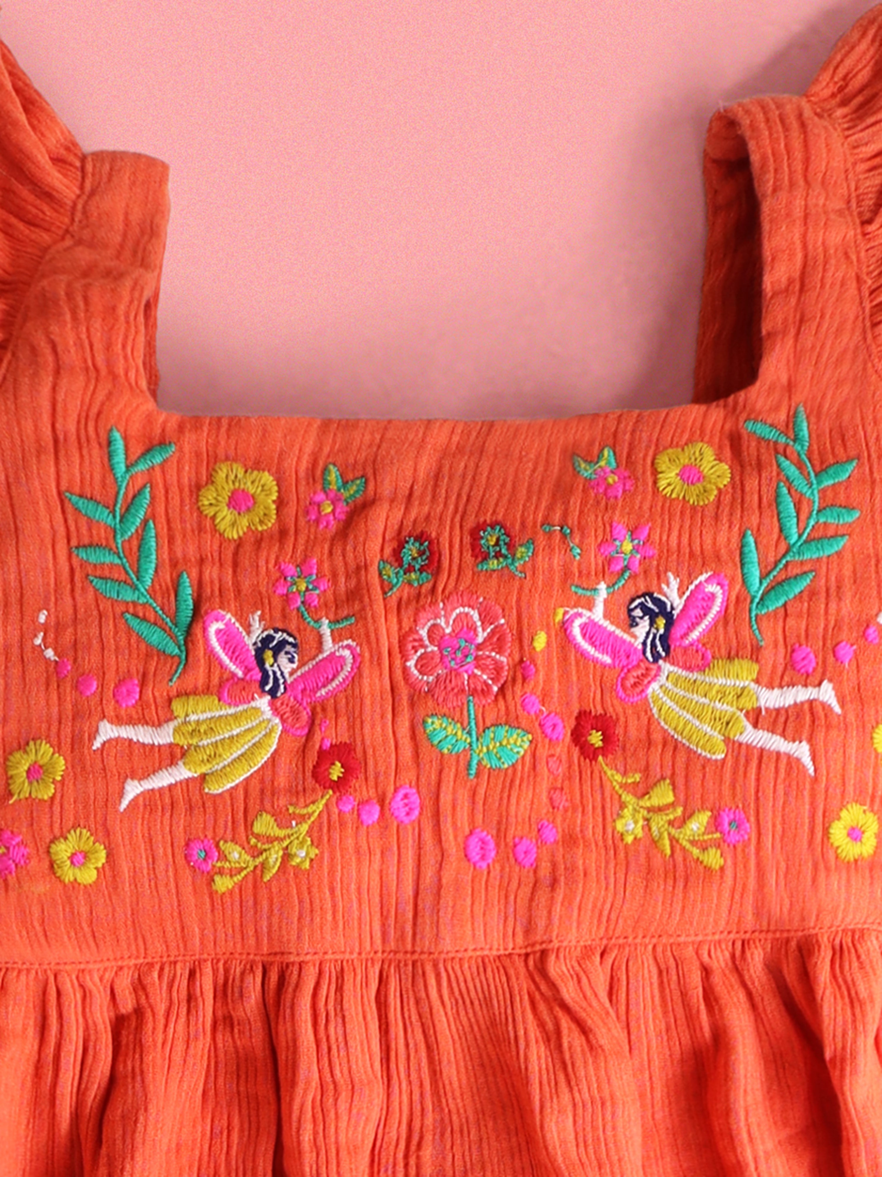 Cherry Crumble Orange Solid Embroidered Cozy Stylish Dress