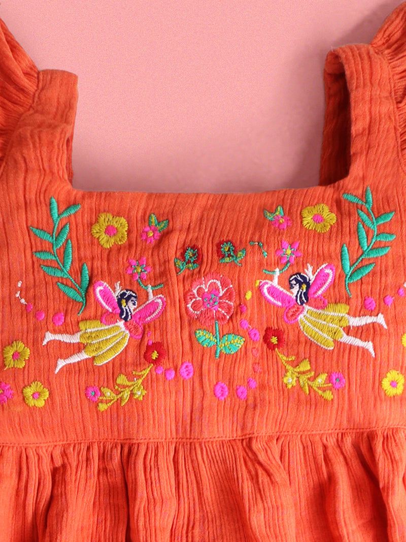 Orange Solid Embroidered Cozy Stylish Dress