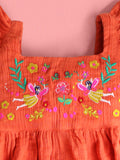 Cherry Crumble Girls Orange Regular Length Sleeveless Embroidered Solid Dress