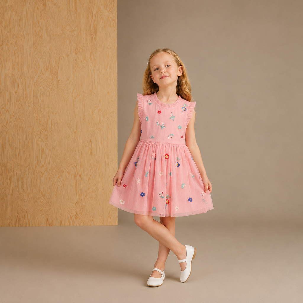 Robe Rose Unie Broderie Charmante Élégante