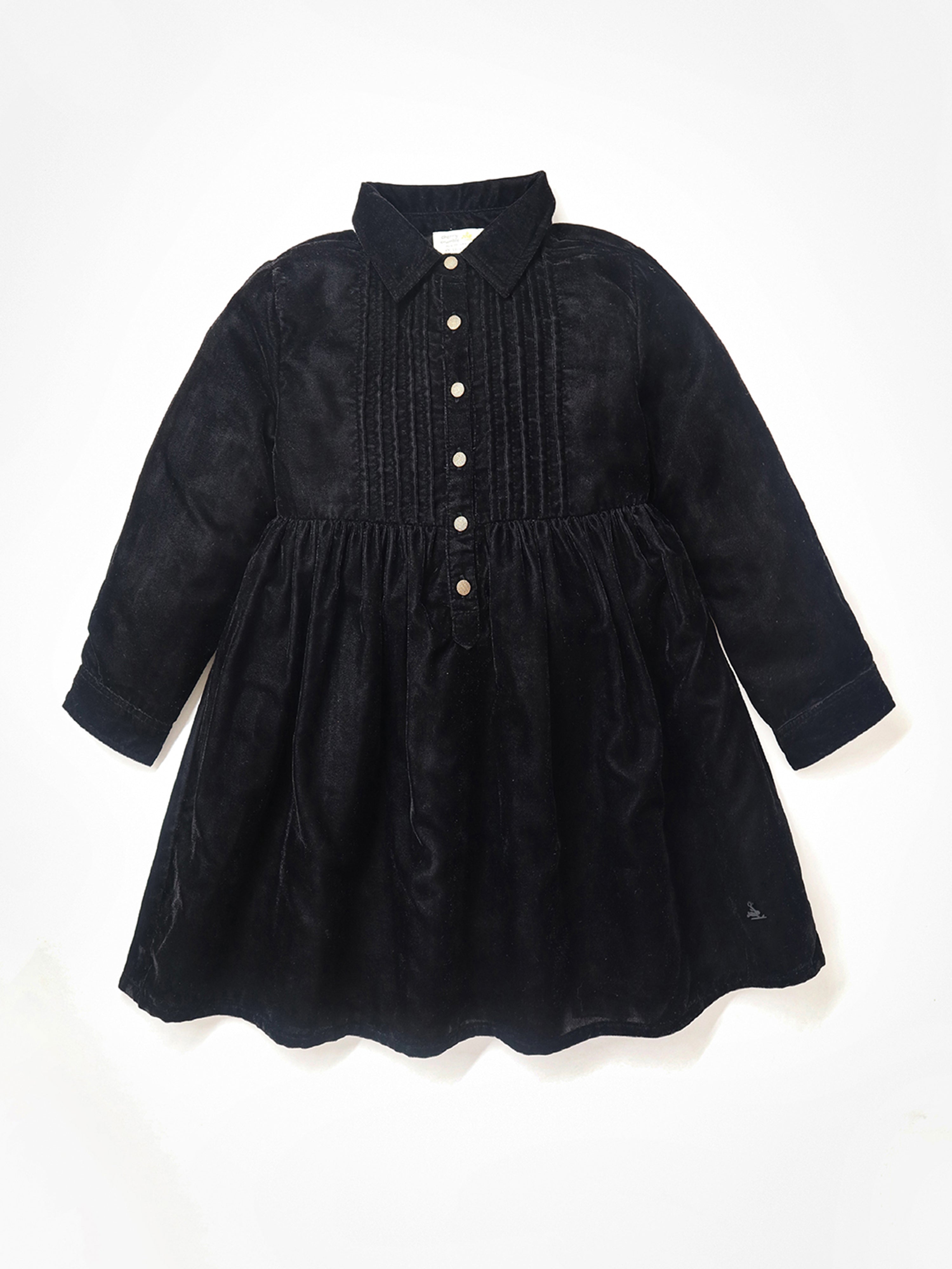 Cherry Crumble Black Solid Velvet Sweet Stylish Winter Dress