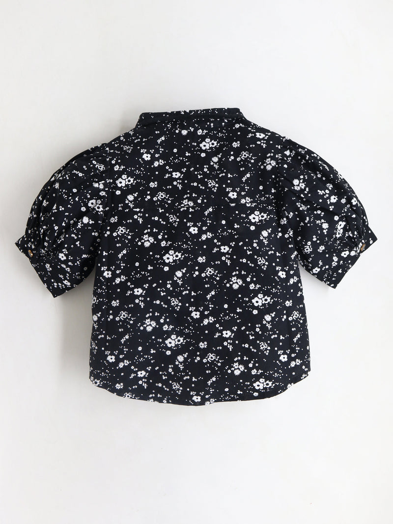 Black & White Floral Printed Velvet Piping Trendy Smart Top