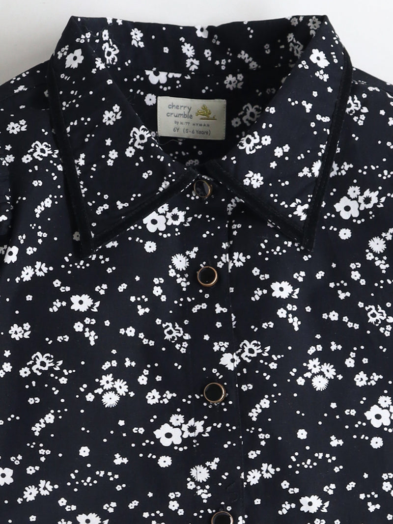 Black & White Floral Printed Velvet Piping Trendy Smart Top