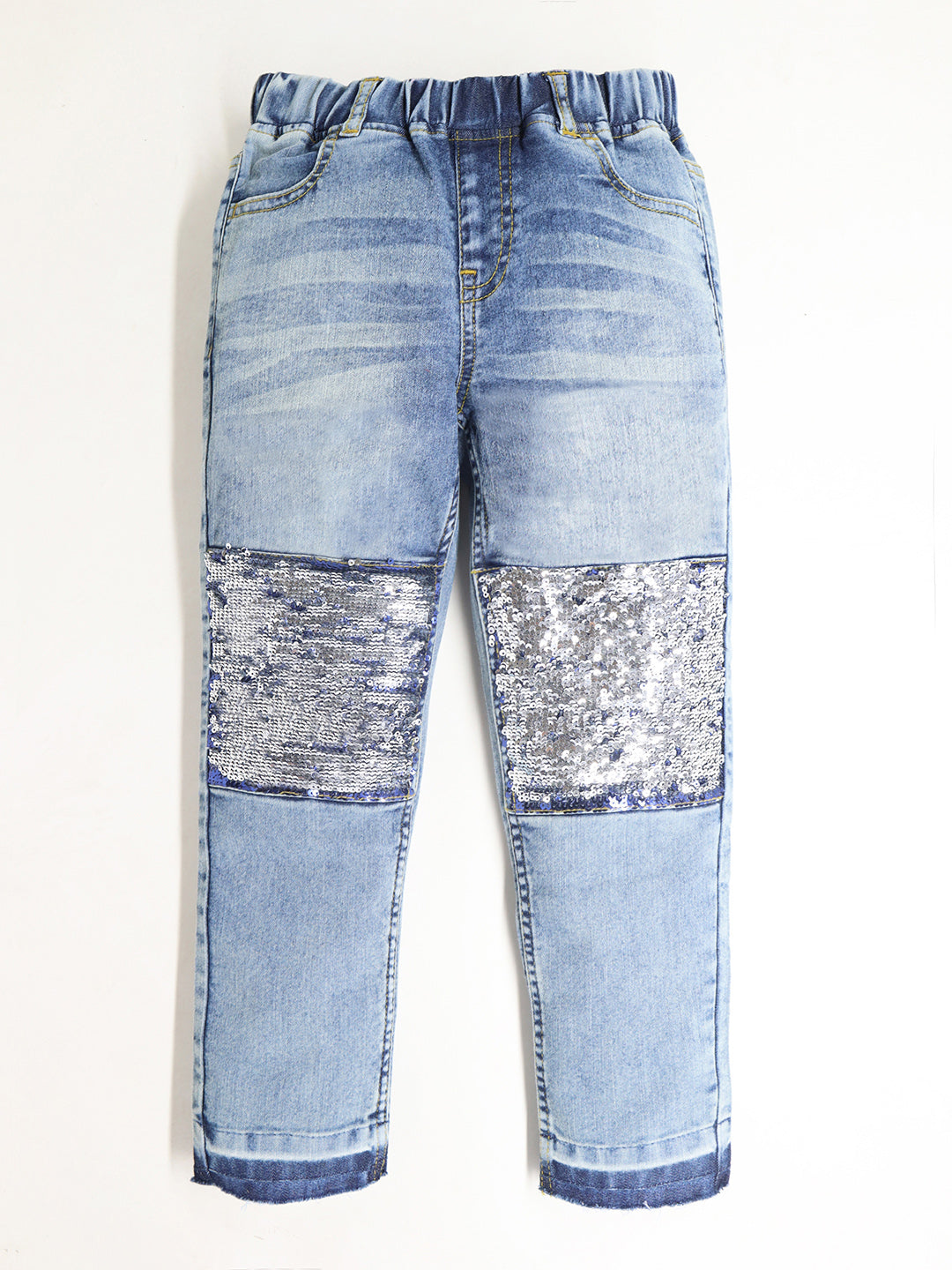 Cherry Crumble Light Denim Blue Dyed/Washed Denim Casual Wear Fitted Reversible Sequins Summer Sequins Jeans For Girls