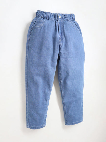 Cherry Crumble Blue Dyed/Washed Denim Casual Wear Baggy Fit Summer Jeans For Girls