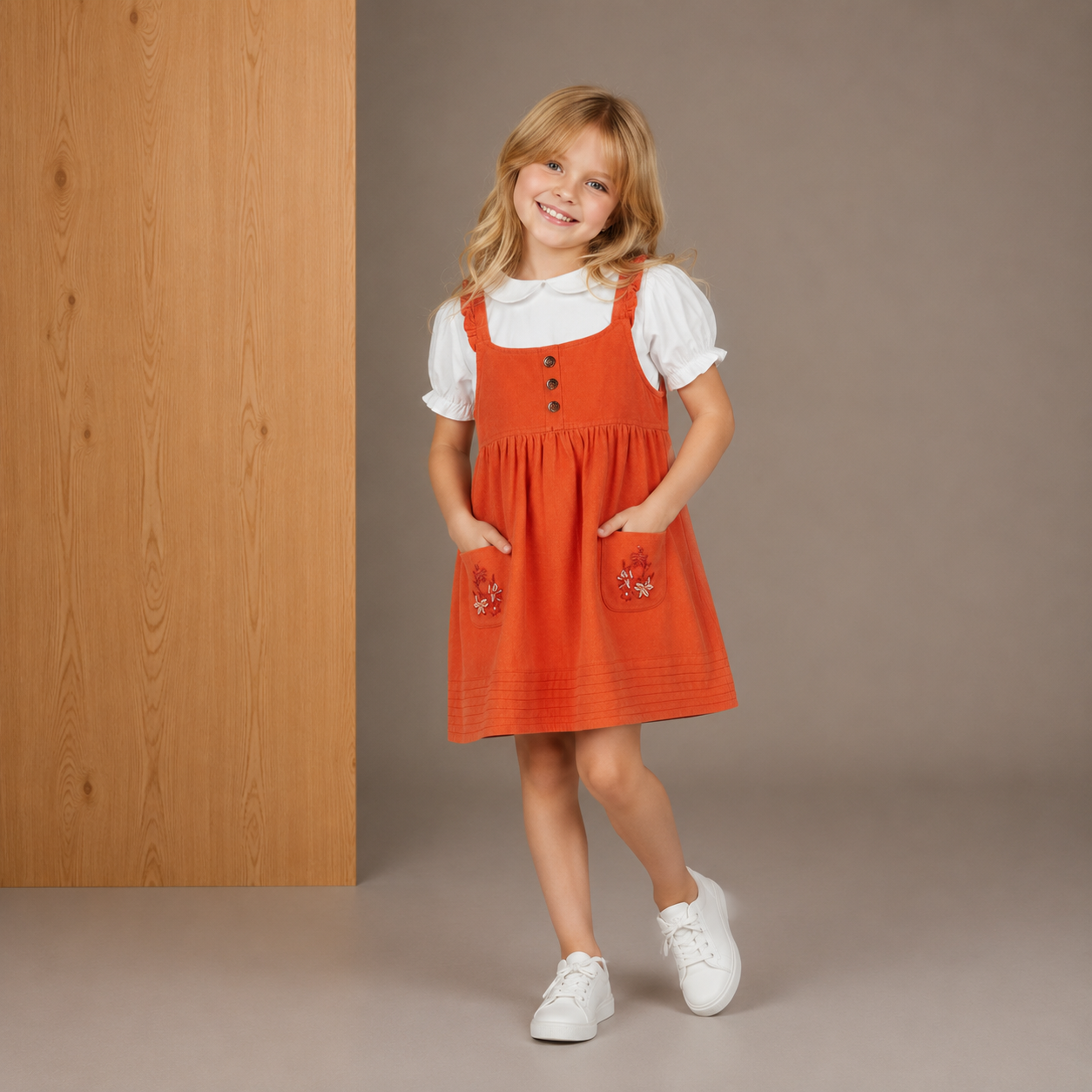 Mädchen Orange Latzkleid mit T-Shirt mit halbgepufften Ärmeln