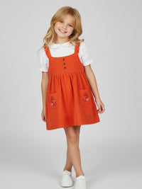 Bring vibrant charm to your girl’s summer wardrobe with the Cherry Crumble Orange Vertical Lines Summer Dungaree Dress. this dress promises breathability and comfort, perfect for warm weather.