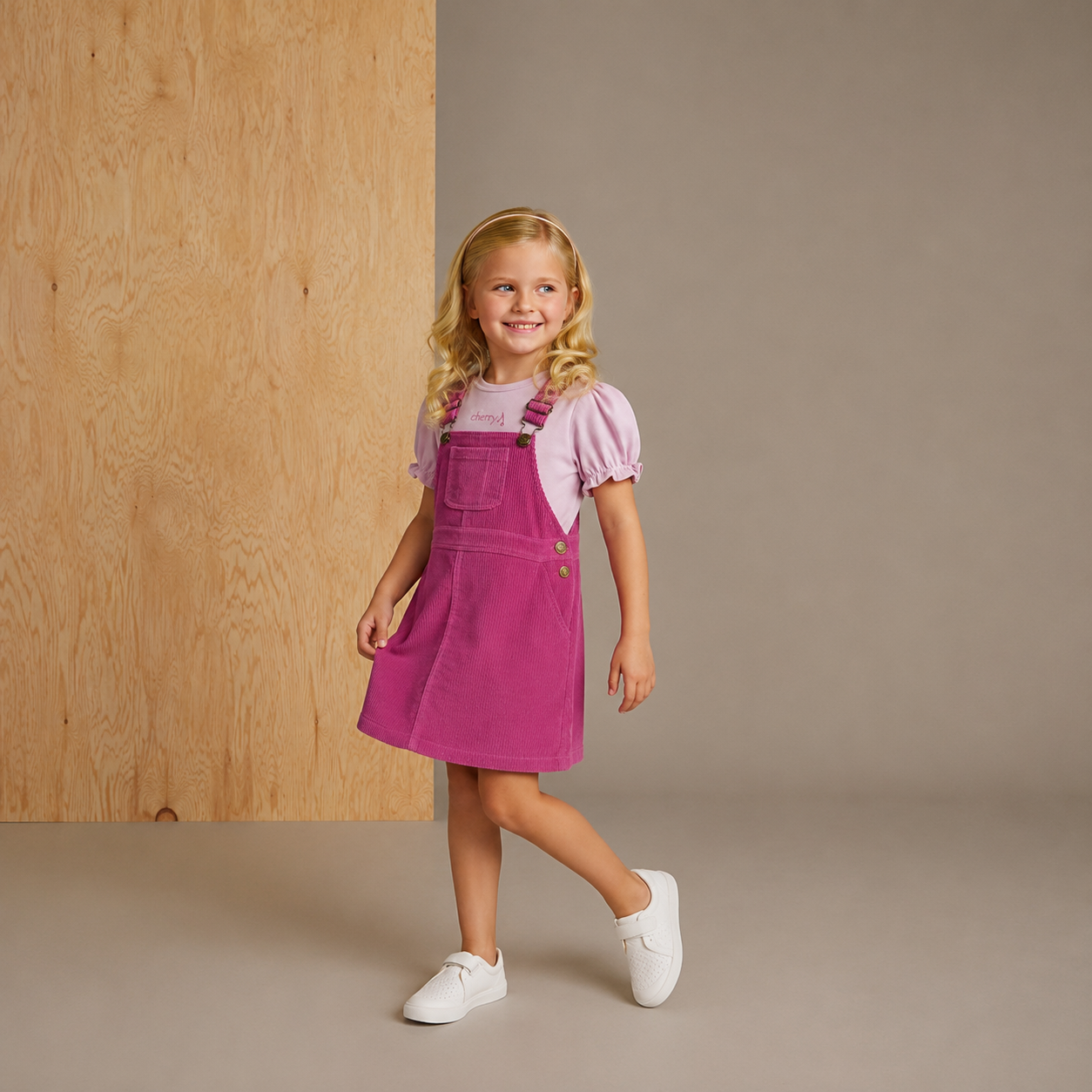 Girls Purple Pinafore Dress With Half Puffed Sleeves Tee
