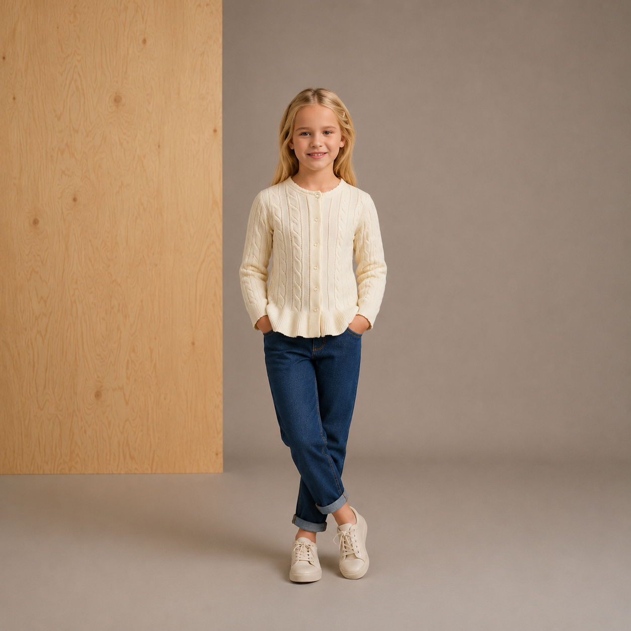 Cremefarbener Zopfstrickpullover, schön und stilvoll
