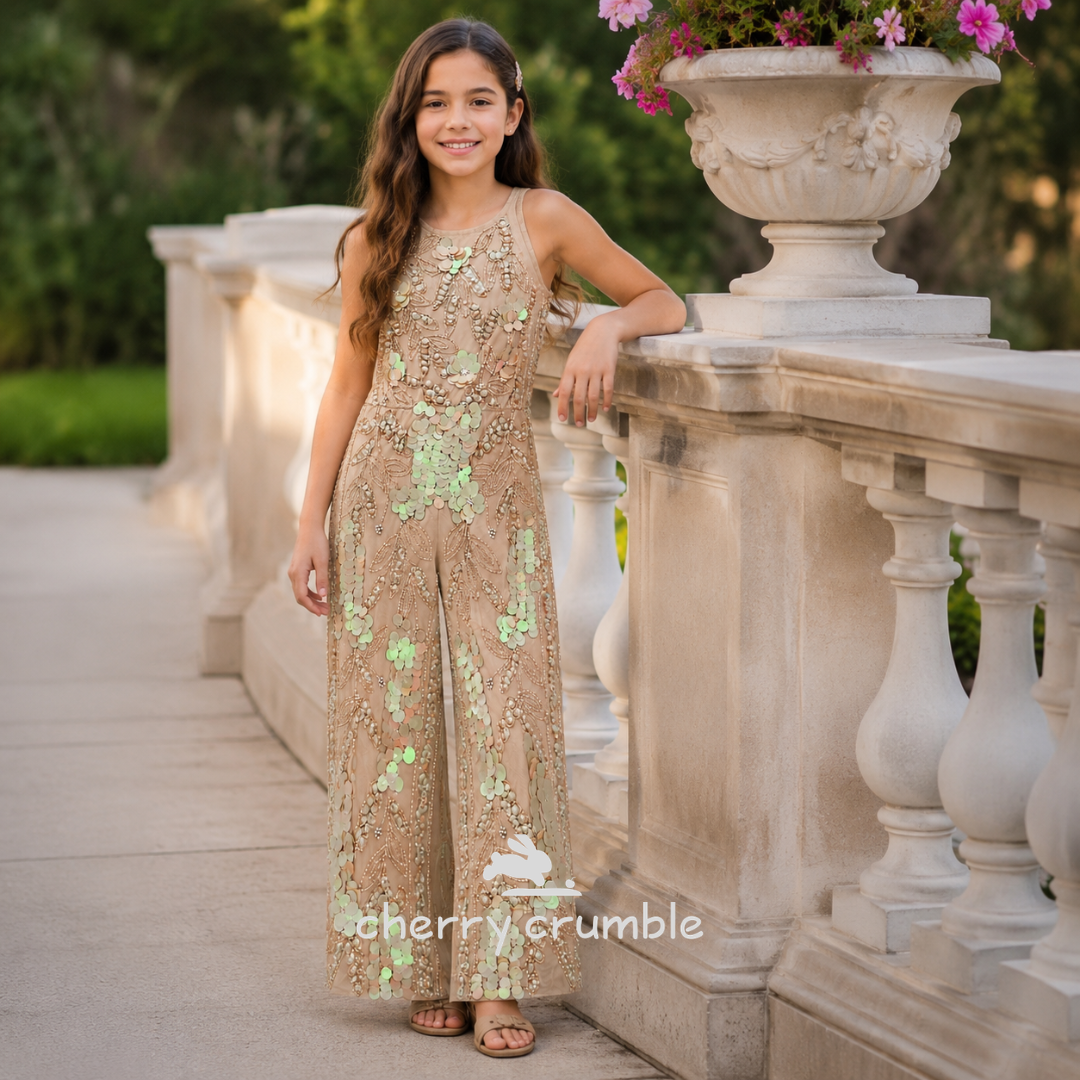 Girls Beige Sequins Embellished Shoulder Strap Party Jumpsuit