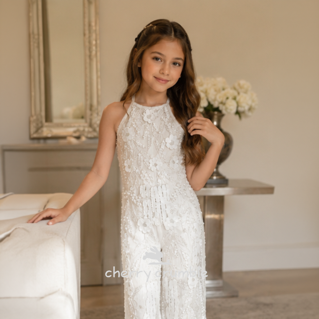 Girls White Sequins Embellished Party Jumpsuit
