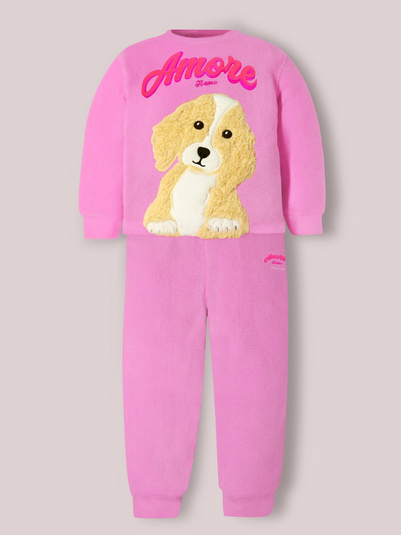 Pink Solid Applique Charming Elegant Winter Nightsuit