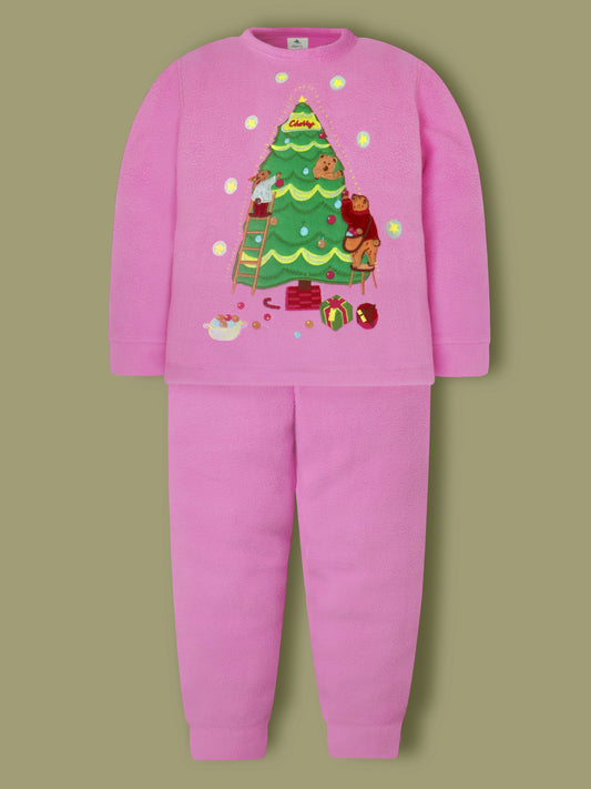 Cherry Crumble Pink Solid Applique Playful Smart Winter Nightsuit