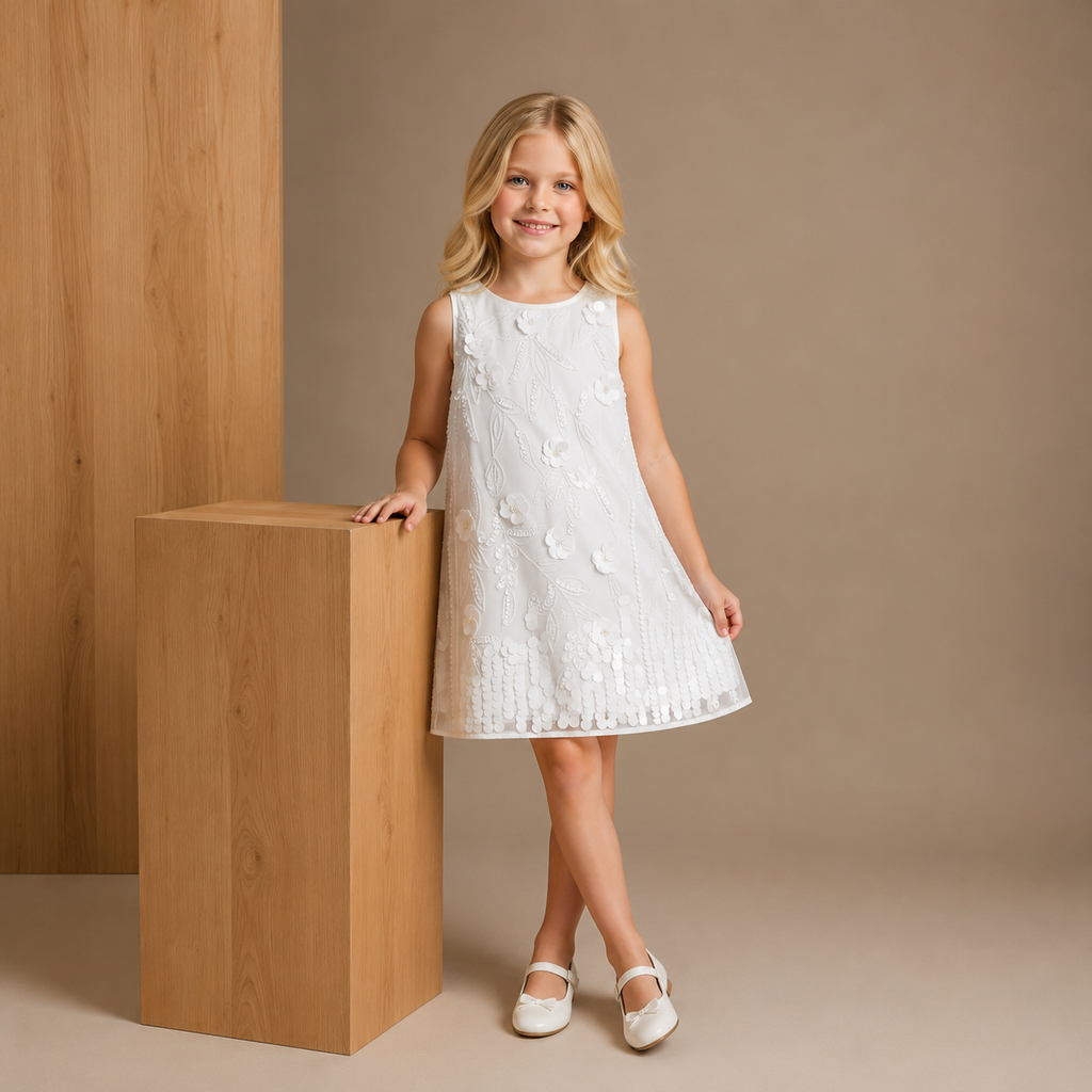 White Self Design Sleeveless A-Line Party Dress