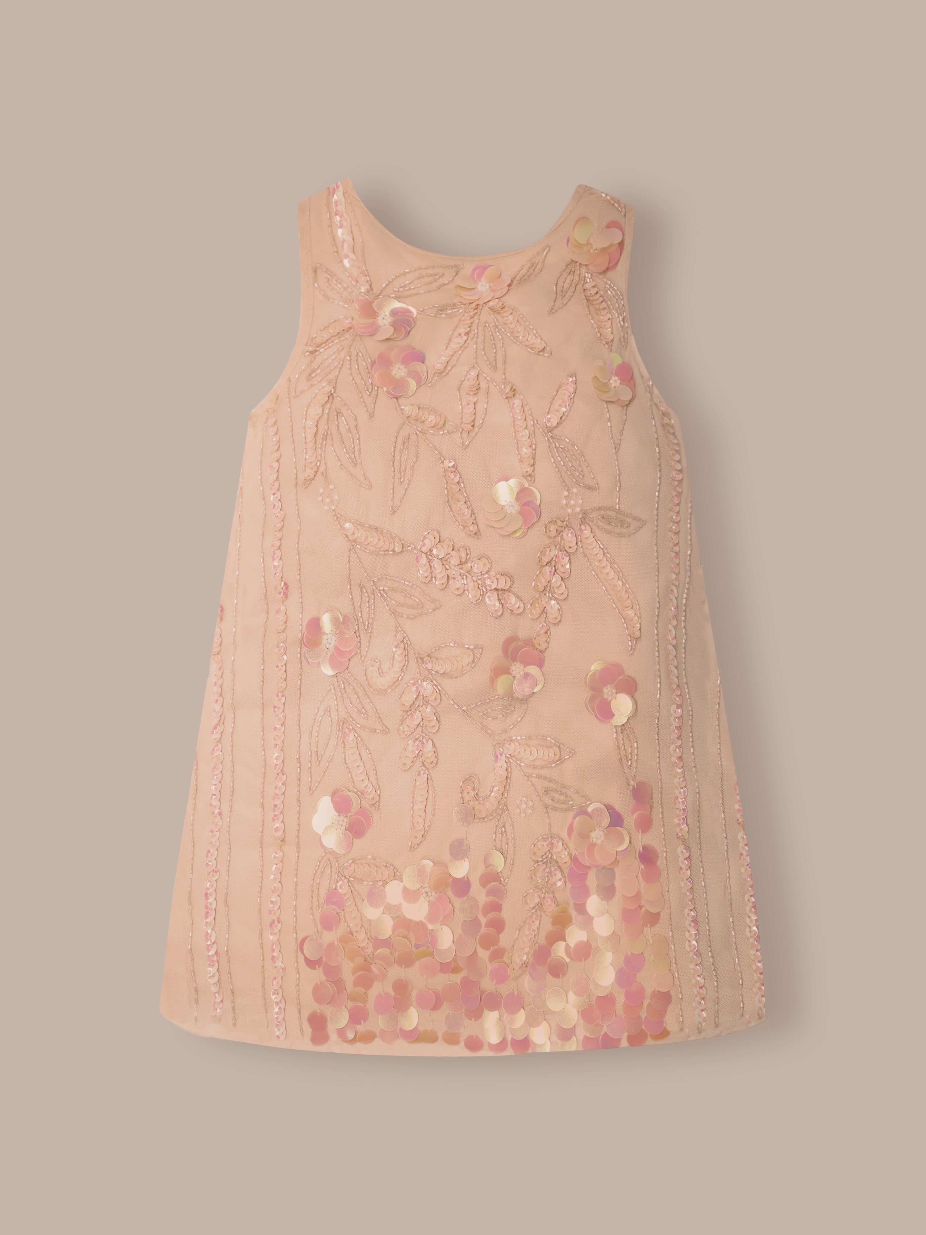 Golden Glimmer Embroidered Sequined Round Neck A-Line Dress