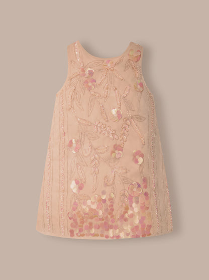 Golden Glimmer Embroidered Sequined Round Neck A-Line Dress