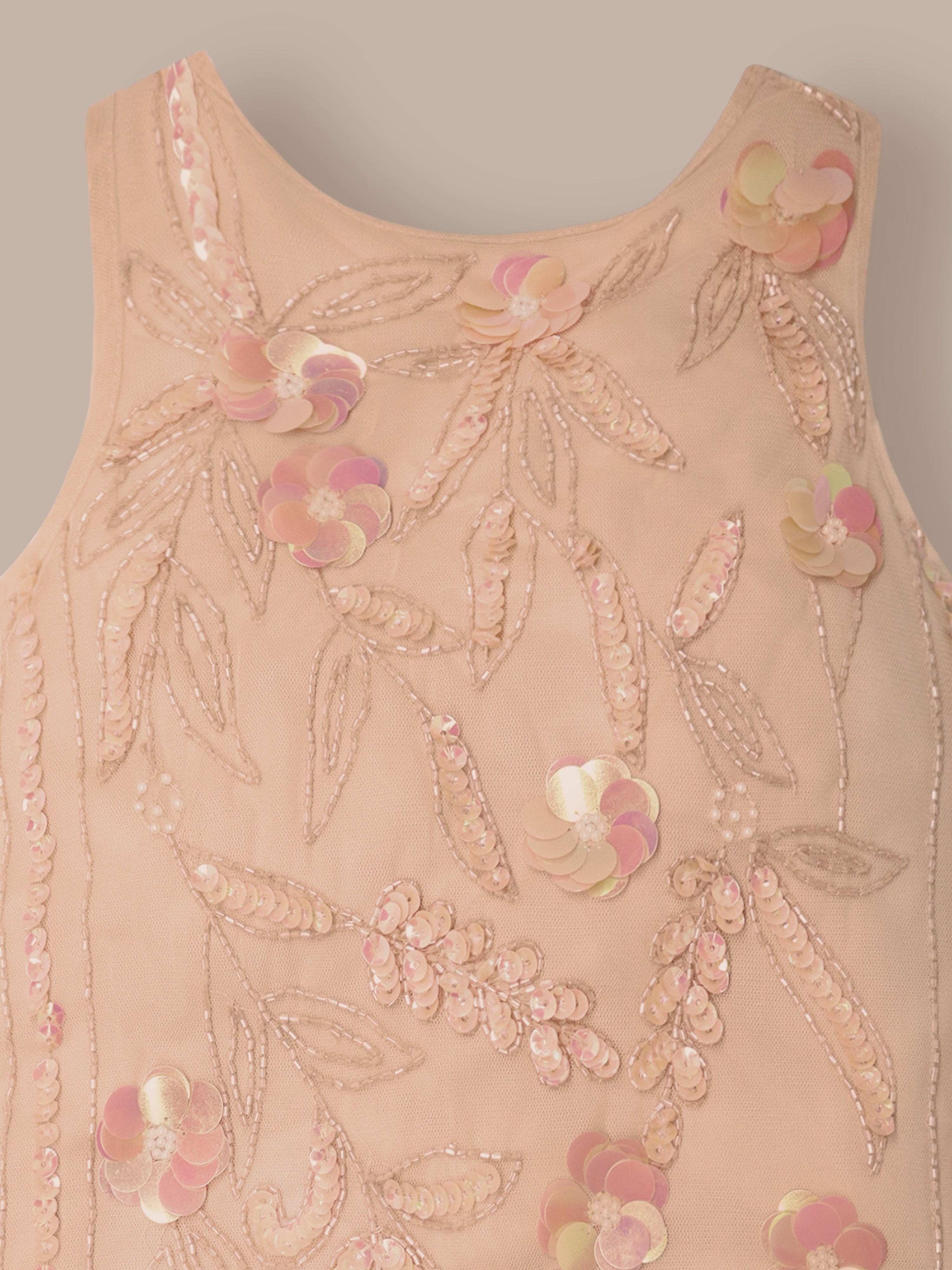 Golden Glimmer Embroidered Sequined Round Neck A-Line Dress