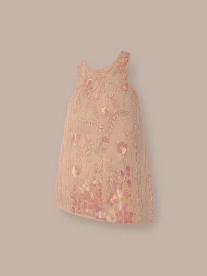 Golden Glimmer Embroidered Sequined Round Neck A-Line Dress