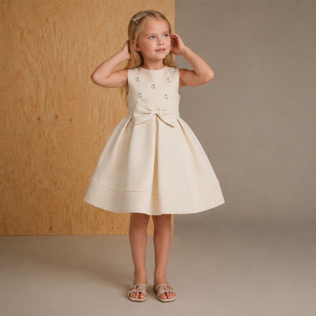 Cream Solid Cozy Beads Work Fit & Flare Dress