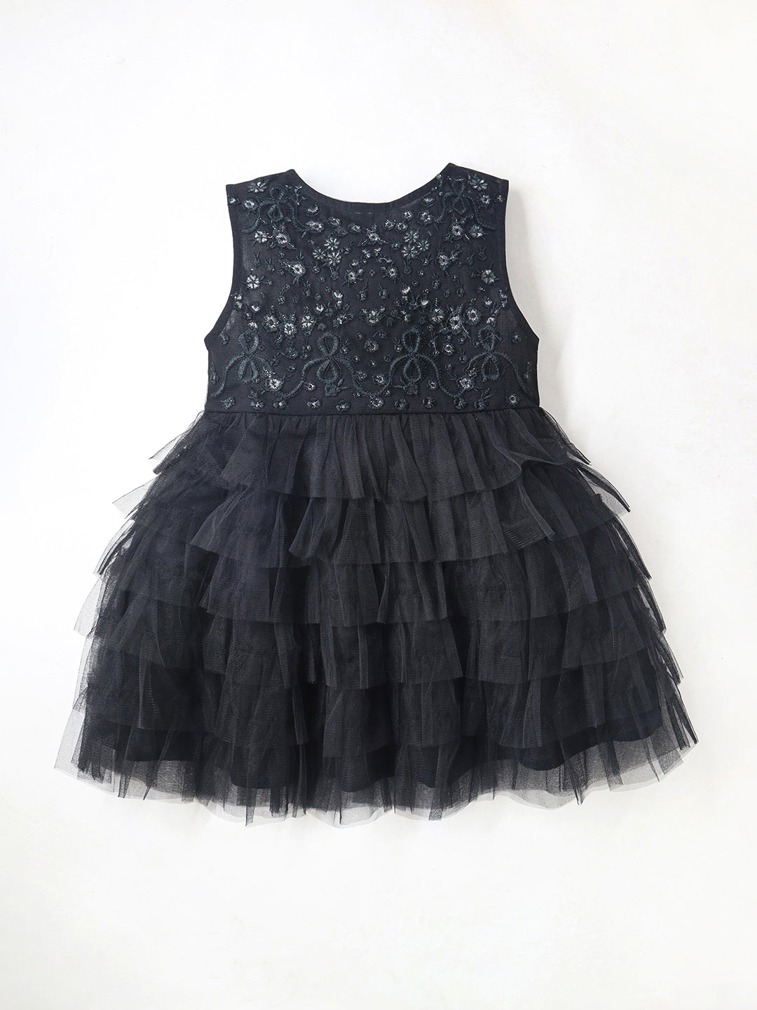 Cherry Crumble Black Solid Embroidered Playful Classic Summer Dress