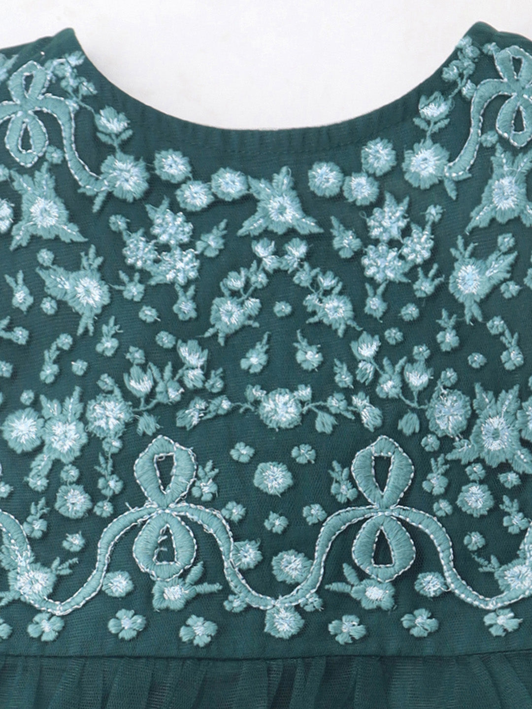 Cherry Crumble Green Solid Embroidered Cozy Elegant Summer Dress