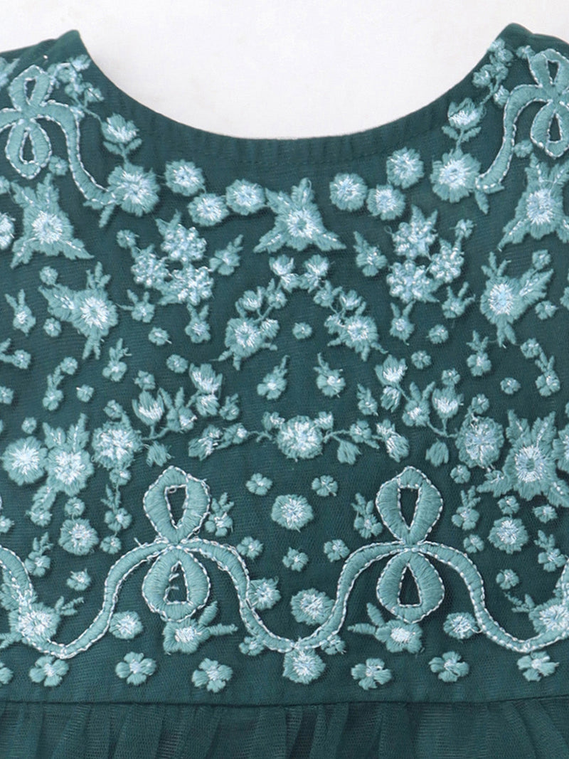 Green Solid Embroidered Cozy Elegant Summer Dress